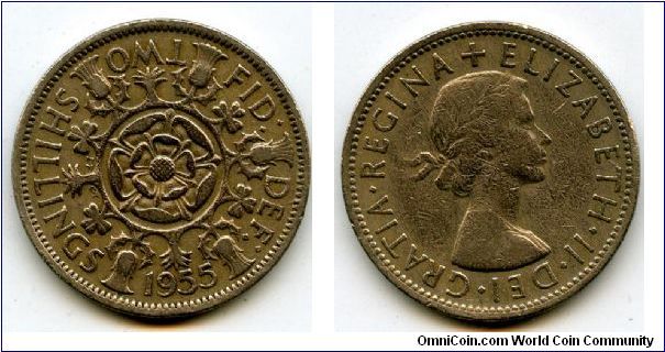 1955
2/-  Two Shillings
Double Rose, surounded by Thistle's, Shamrock's & Leeks
Queen Elizabeth II