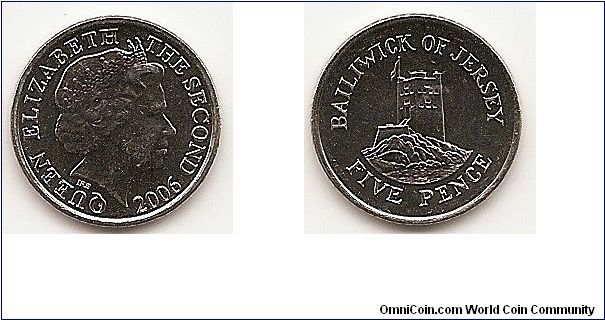 5 Pence
KM#105
3.2900 g., Copper-Nickel, 18 mm. Ruler: Elizabeth II Obv: Head
with tiara right Obv. Designer: Ian Rank-Broadley Rev: Seymour
Tower, Grouville, L'Avathigon