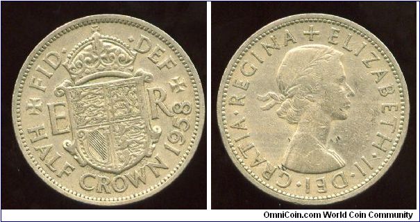 1958
2/6 Half Crown 
Shield flanked by Intials
Queen Elizabeth II