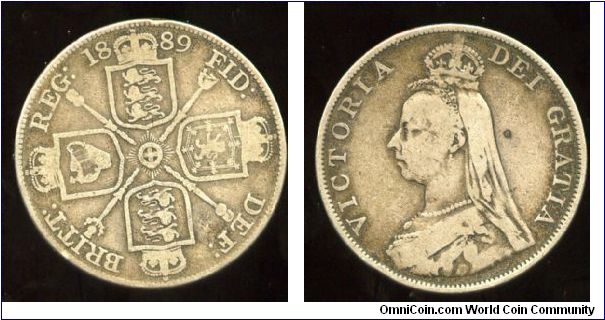 1889
Double Florin
Cruciform shield & scepters
Queen Victoria