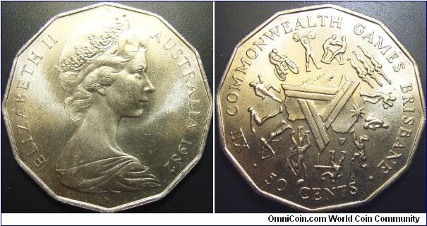 Australia 1982 50 cents, commemorating the commonwealth games in Brisbane. Pretty much UNC but have a few contact marks. Found it in a vending machine - what a horror.