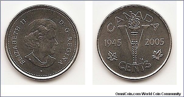 5 Cents - 
KM#627
Comp.: Nickel Ruler: Elizabeth II
Subject: 60th Anniversary, Victory in Europe 1945-2005 Obv.:
Head right Rev.: Large V