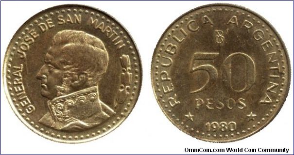 Argentina, 50 pesos, 1980, Brass-Steel, Jose de San Martin.                                                                                                                                                                                                                                                                                                                                                                                                                                                         