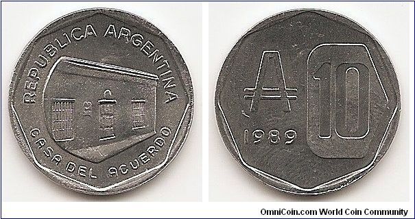 10 Australes
KM#102
2.0000 g., Aluminum, 23.2 mm. Obv: Casa del Acuerdo Rev: Large value in box at right, double lined “A” at top left, date below “A” Edge: Plain 