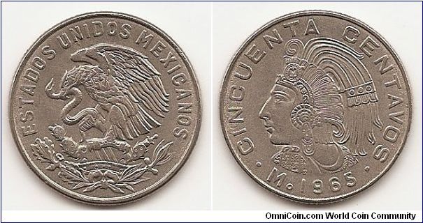 50 Centavos
KM#451
6.5000 g., Copper-Nickel, 25 mm. Obv: National arms, eagle
left Rev: Head with headdress left