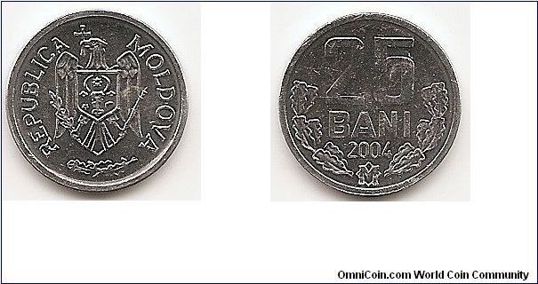 25 Bani
KM#3
0.9200 g., Aluminum, 17.5 mm. Obv: National arms Rev:
Monogram divides sprigs below value and date Edge: Plain