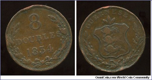 1834
8 doubles 
Value & date in wreath
Coat of arms on shield in wreath
