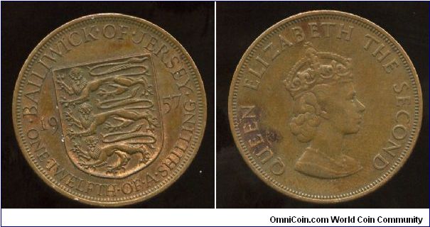 1957
1/12 Shilling 
Coat of arms on shield
Queen Elizabeth II