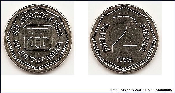 2 Dinara FEDERAL REPUBLIC
KM#155
3.8000 g., Copper-Zinc-Nickel Obv: Monogram on shield Rev: Denomination and date