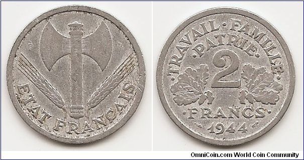 2 Francs
KM#904.2
2.2000 g., Aluminum, 27 mm. Obv: Grain sprigs flank double
bit axe Rev: Oak leaves flank denomination, date below