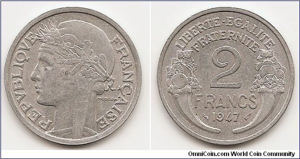 2 Francs
KM#886a.1
Aluminum, 27 mm. Obv: Laureate head left Rev: Denomination
and date flanked by cornucopias