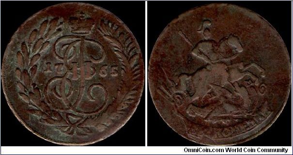 2 Kopecks 1765 MM, overstruck on an unknown coin