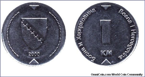 Bosnia&Hercegovina, 1 km, 2000, Coat Of Arms.                                                                                                                                                                                                                                                                                                                                                                                                                                                                       
