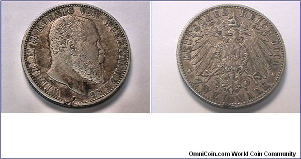 German State Wuerttemberg

WILHELM II KOENIG VON WUERTTEMBERG
DEUTSCHES REICH ZWEI MARK (2 MARKS)
1904-F DIE CRACK BY MINT MARK. .900 silver