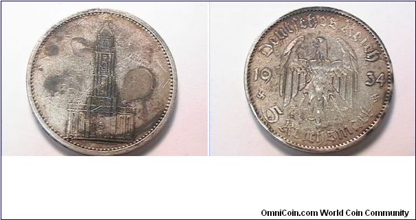 Third Reich

DEUTSCHES REICH 5 REICHMARK
1934-A
.900 silver,
stained