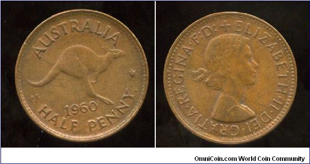 1960
1/2d
Kangaroo, value & date
Queen Elizabeth II
