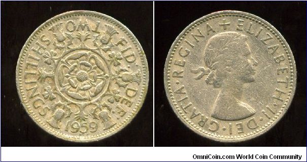 1959
2/- Two Shillings
Double Rose, surounded by Thistle's, Shamrock's & Leeks
Queen Elizabeth II