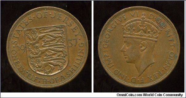 1937
1/12 Shilling
Coat of arms on shield
King George VI