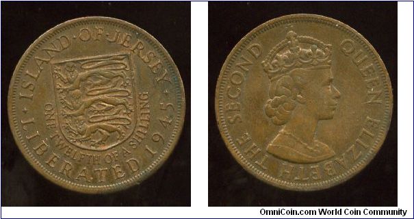 Dated 1945 but issued in 1954
Liberation Anniversery Issue
1/12 of a Shilling
Shield & coat of arms
Queen Elizabeth II