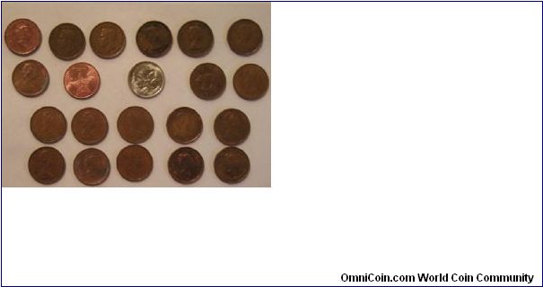 World coins found in circulation throughout 2007. Countries are Canada, Australia, Bermuda and the Bahamas. All were found in rolls of U.S. cents