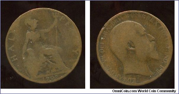 1909
1/2d Halfpenny
Brittania seated holding trident
Edward VII 1902-1910
