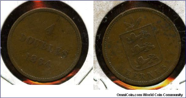1864
4 doubles 
Value & date
Coat of arms on shield