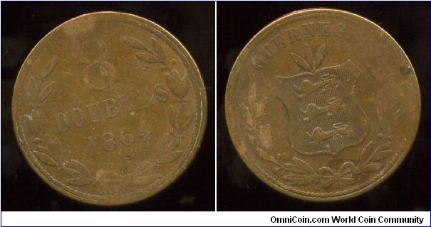 1864
8 doubles 
Value & date in wreath
Coat of arms on shield in wreath