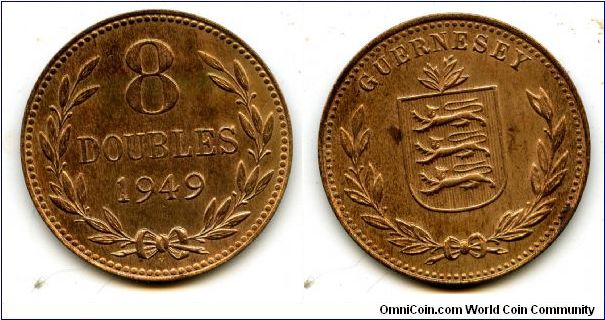 1949h
8 doubles
Heaton mint Birmingham
Value in wreath
Island coat of arms in wreath