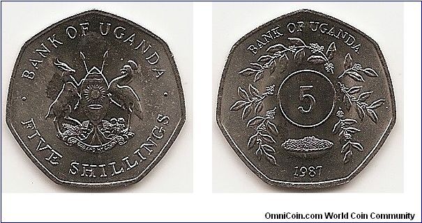 5 Shillings
KM#29
3.5000 g., Stainless Steel, 20.23 mm. Obv: National arms Rev:
Value within center circle of sprigs Edge: Plain