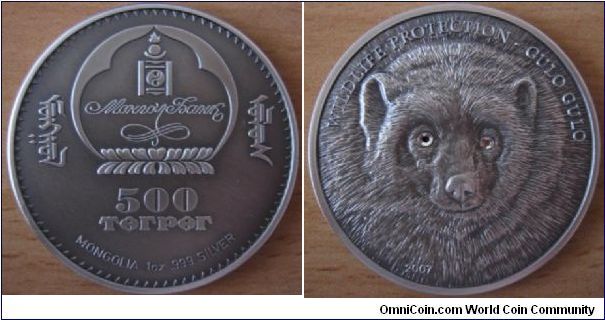 500 Togrog - Gulo gulo - 31.1 g Ag 999 (with crystals eyes) - mintage 2,500