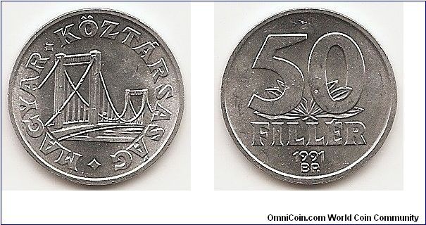 50 Filler
KM#677
1.2700 g., Aluminum, 19.78 mm. Obv: Erzsebet Bridge Rev:
Denomination Edge: Plain