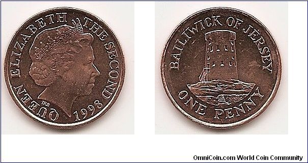 1 Penny
KM#103
3.5500 g., Copper Plated Steel, 20.27 mm. Ruler: Elizabeth II
Obv: Crowned head right Rev: Le Hoeq Watch Tower, St.
Clement Edge: Plain