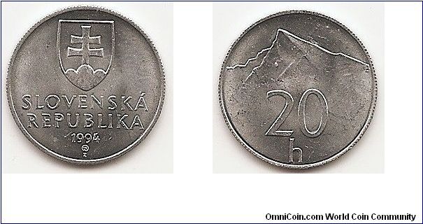 20 Halierov
KM#18
0.9500 g., Aluminum, 19.5 mm. Obv: Double cross on shield
above inscription Rev: Mountain peak and value Edge: Reeded