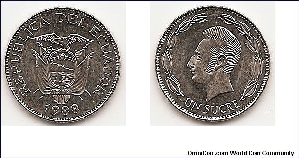 1 Sucre
KM#89
Nickel Clad Steel Obv: Flag draped arms, date below Rev: Head
left within wreath, denomination below Note: The 1988 circulation
strikes were reportedly withdrawn from circulation and remelted.
Approximately 100,000 pieces were released.