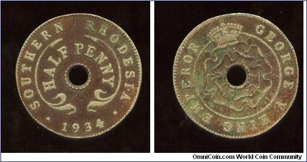Southern Rhodesia 
1934
1/2d Halfpenny
Country, value & date
Crown above Rose