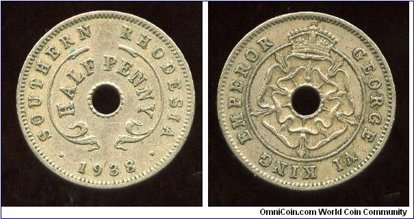 Southern Rhodesia 
1938
1/2d Halfpenny
Country, value & date
Crown above Rose