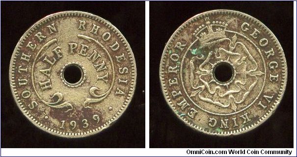 Southern Rhodesia 
1939
1/2d Halfpenny
Country, value & date
Crown above Rose