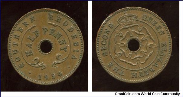 Southern Rhodesia 
1954
1/2d Halfpenny
Country, value & date
Crown above Rose
