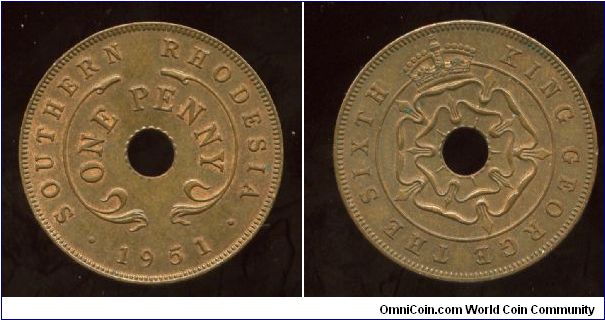 Southern Rhodesia 
1951
1d Penny
Country, value & date
Crown above Rose