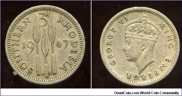 Southern Rhodesia 
1947
3d Threepence
Spears
King George VI