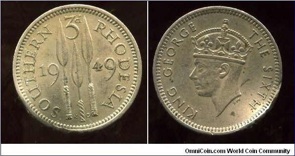Southern Rhodesia 
1949
3d Threepence
Spears
King George VI
Unfortunatly the coin is bent :-((