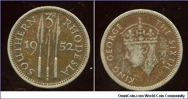 Southern Rhodesia 
1952
3d Threepence
Spears
King George VI