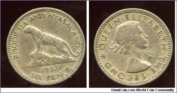 Rhodesia & Nyasaland 
1957
6d Sixpence
Lion standing on a rock
QEII