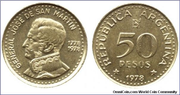 Argentina, 50 pesos, 1978, Al-Bronze, 200th Anniversary of Birth of Jose de San Martin.                                                                                                                                                                                                                                                                                                                                                                                                                             