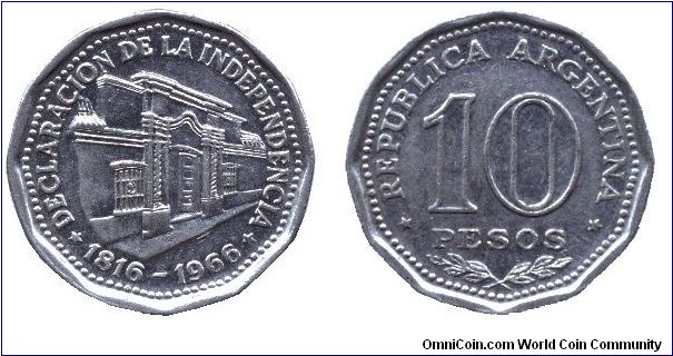 Argentina, 10 pesos, 1966, Ni-Steel, 1816-1966, Declaracion de la Independencia.                                                                                                                                                                                                                                                                                                                                                                                                                                    