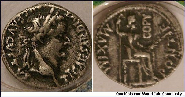Denarius, believed to be coin used when Jesus said render unto Caesar the things that are Caesar's and to God the things that are God's, 18 mm. Image of Tiberius. (reproduction) From the Coins of the Bible series, Whitman Pub. Inc.