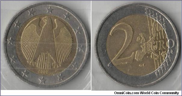 2 Euro. Germany
The traditional symbol of German sovereignty, the eagle, surrounded by the stars of Europe, appears on these coins. This motif was designed by Heinz and Sneschana Russewa-Hoyer. None of the German Euros carry the words Germany or Deutschland