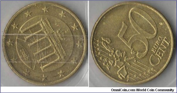 50 Cent. Germany
The Brandenburg Gate, a symbol of the division of Germany and its subsequent unification, is the motif used on these coins. The perspective of the design, by Reinhard Heinsdorff, emphasises the opening of the gate, stressing the unification of Germany and Europe.