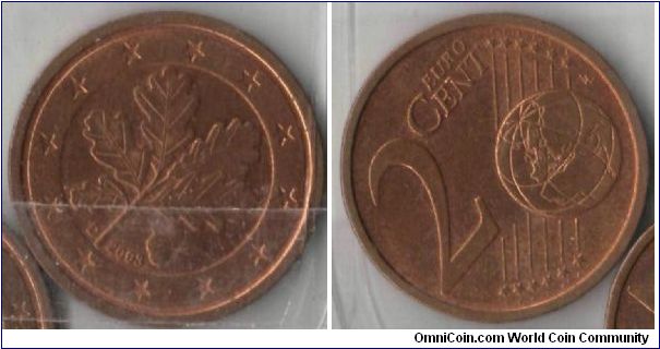 2 Cents. Germany
The oak twig, reminiscent of that found on the current German pfennig coins provides the motif for these coins. It was designed by Professor Rolf Lederbogen.