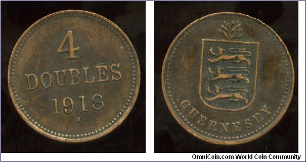 1918h
4 doubles
Heaton mint Birmingham
Value & date
Coat of arms on shield